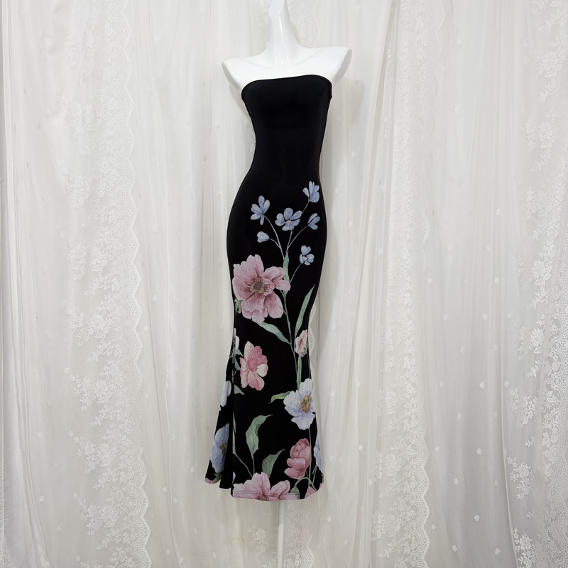 French Retro Printed Draped Bodycon Dress Niche Light Formal Dress European and American Style New Elegant Sexy Strapless Dress