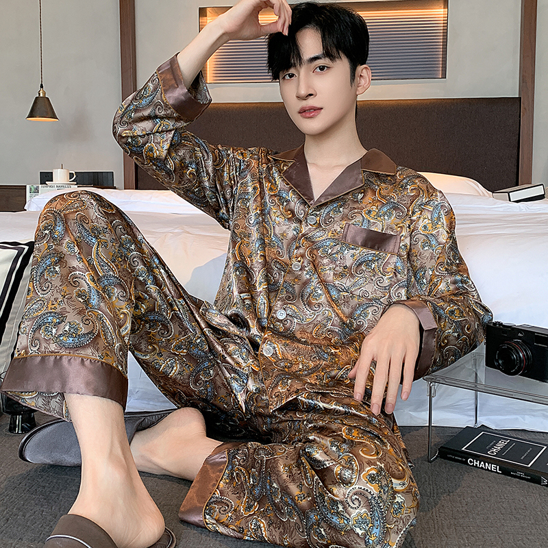 Men's Pajamas for Spring and Autumn, Ice Silk Long-Sleeved Long Pants, Thin Style for Boys, Summer Style, Large Size, High-End Silk That Can Be Worn Outside Men's Pajamas for Spring and Autumn, Ice Silk Long-Sleeved Long Pants, Thin Style for Boys, Summer Style, Large Size, High-End Silk That Can Be Worn Outside