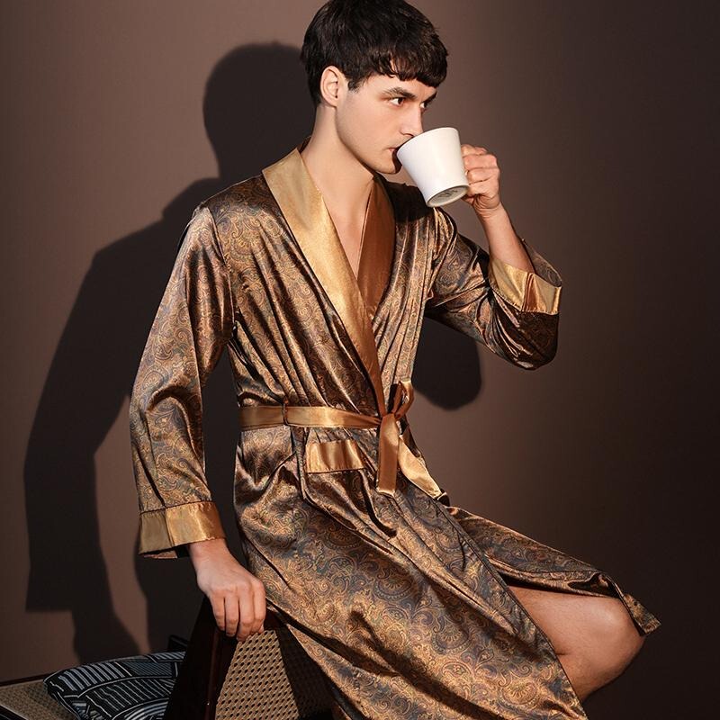 Ice Silk Nightgown for Men, Summer Thin Mid-Length Silk Large Size Loose Pajamas, High-End Dressing Gown, Bathrobe for Summer Ice Silk Nightgown for Men, Summer Thin Mid-Length Silk Large Size Loose Pajamas, High-End Dressing Gown, Bathrobe for Summer