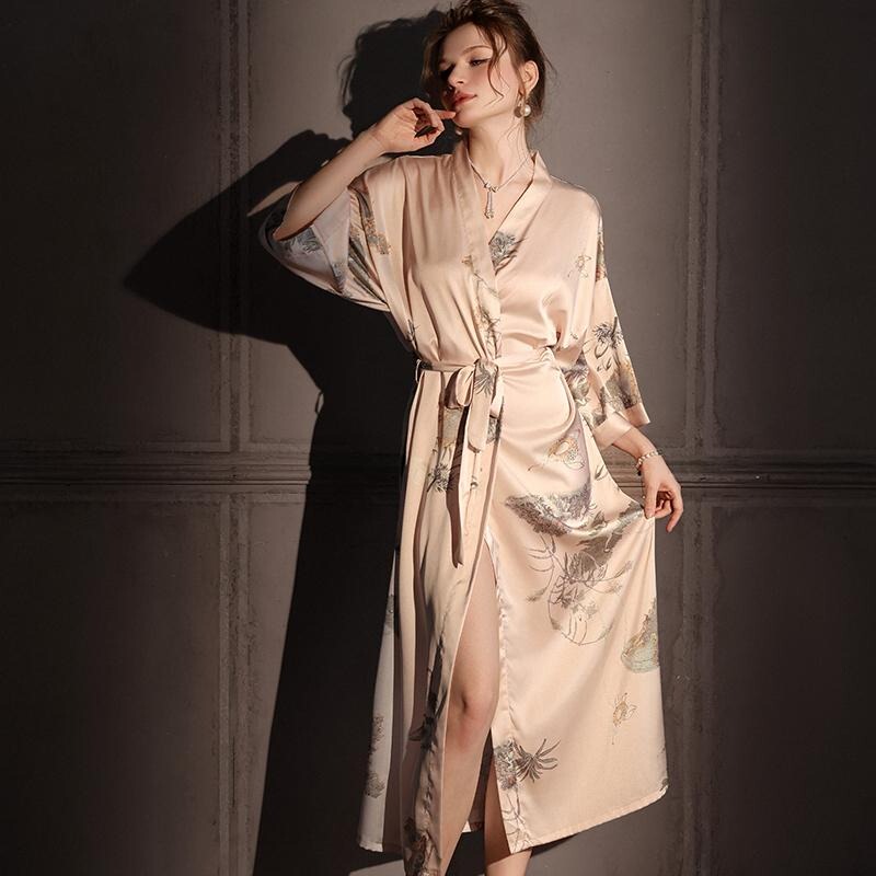 Satin Ice Silk Nightgown for Women, Summer 2026 New Long Silk Pajamas, Women's High-End Dressing Gown, Bathrobe, Plus Size