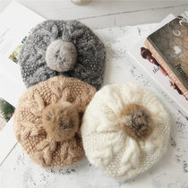 Peijin beret autumn and winter pineapple jacquard thick knitted hat warm rabbit hair ball handmade wool hat