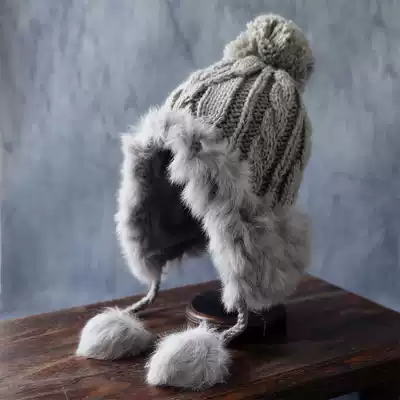 Peijin gray wool hat autumn and winter plus velvet liner warm thickened rabbit hair ball lanyard knitted hat female
