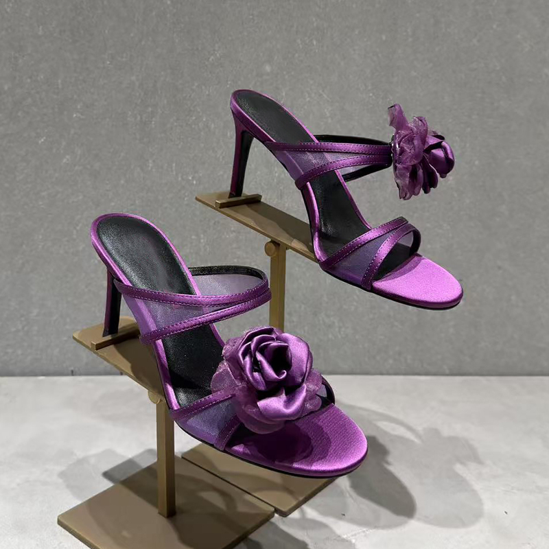 Sheepskin Version~Elegant Purple High-Heeled Shoes for Women 2026 New Style French Mesh Open-Toe Floral Stiletto Half-Slip Sandals