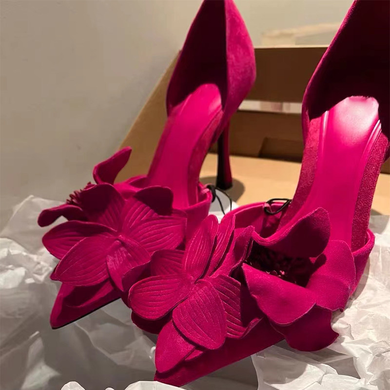 Women's rose-red floral embellished high heels, new spring 2025 style, sexy and versatile French stiletto pointed toe shoes.