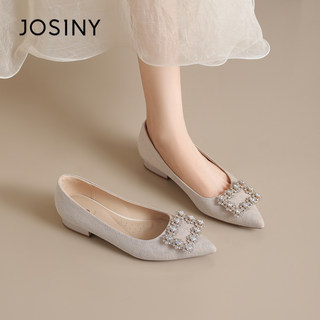 卓诗尼粗跟方扣水钻单鞋女2025新款法式浅口尖头一脚蹬不累脚婚鞋