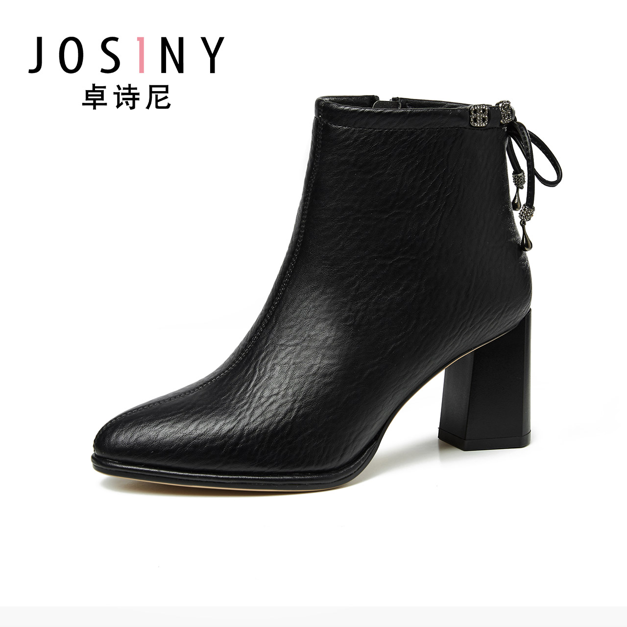 Chooshini single boots for women pointed thick heel fashion boots Bow rhinestone side zipper short boots for women