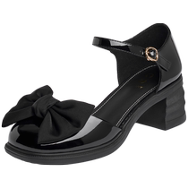 Zhuoshini Sweet Bow Toe Sandals Womens 2024 Summer New Style Thick Heel One-word Buckle Fashion Sandals