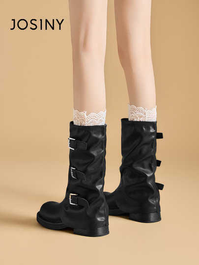 Zhuoshini Thick-Soled Booties for Women 2025 New Autumn Height-Increasing Square-Toe Mid-Calf Boots with Chunky Heel and Buckle Strap Stacked Boots