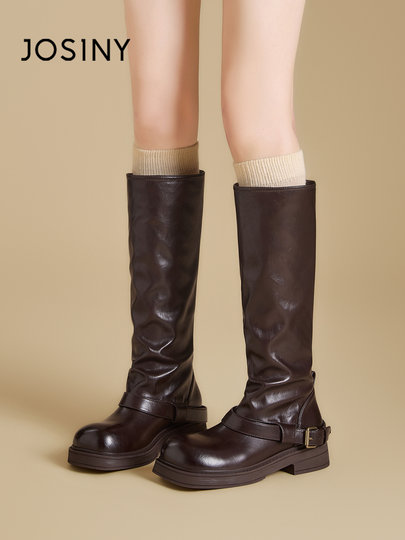 Ботинки Zhuoshini, высокие женские сапоги, новинка 2025 года, длинные сапоги Melard, ботинки-полусапоги на плоской подошве, высокие сапоги для верховой езды.