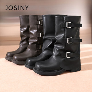 卓诗尼厚底短筒靴女秋2025新款复古西部牛仔骑士高筒堆堆裤管靴