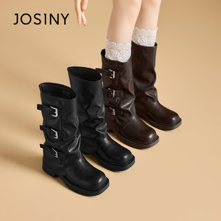 卓诗尼厚底裤管靴女2025新款秋季增高方头中筒靴粗跟扣带堆堆靴