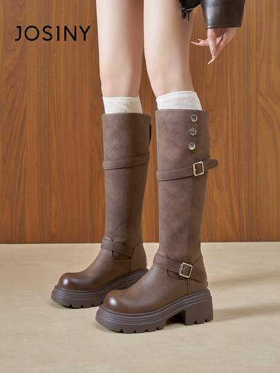 Zhuoshini Thick-Soled Over-The-Knee Riding Boots 2025 Spring and Autumn New Retro Height-Increasing Belt Buckle High Boots for Petite Individuals