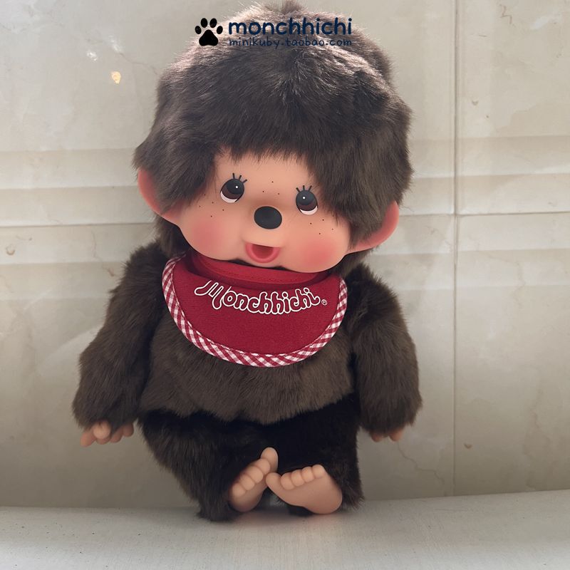 Japanese Authentic Cute and Fun Monchhichi, New Basic Model with Red Bib for Boys, Size m 25cm