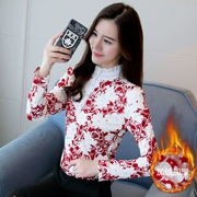Cộng với áo nhung đáy dày ren nữ tay dài 2018 quần áo thu đông 2018 mới thon gọn cổ áo màu voan cổ áo