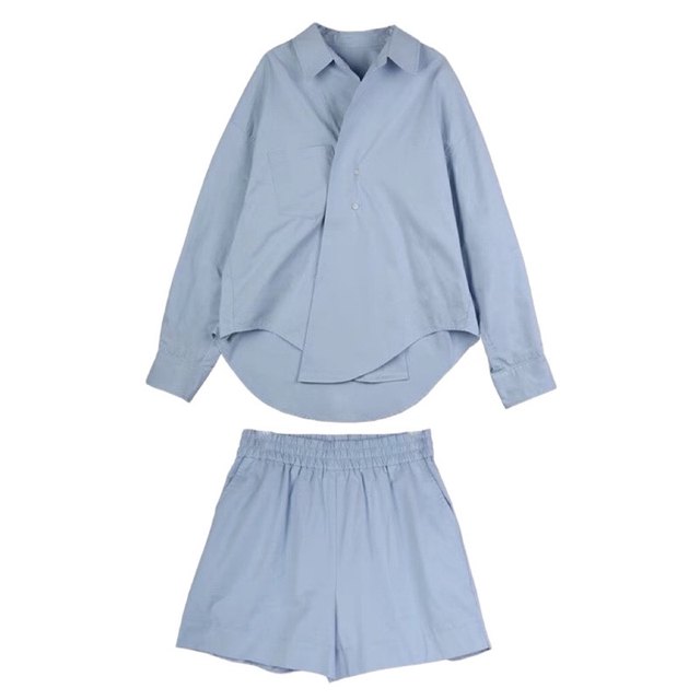 New design sense niche loose casual purple shirt shorts two-piece female small blue shirt suit