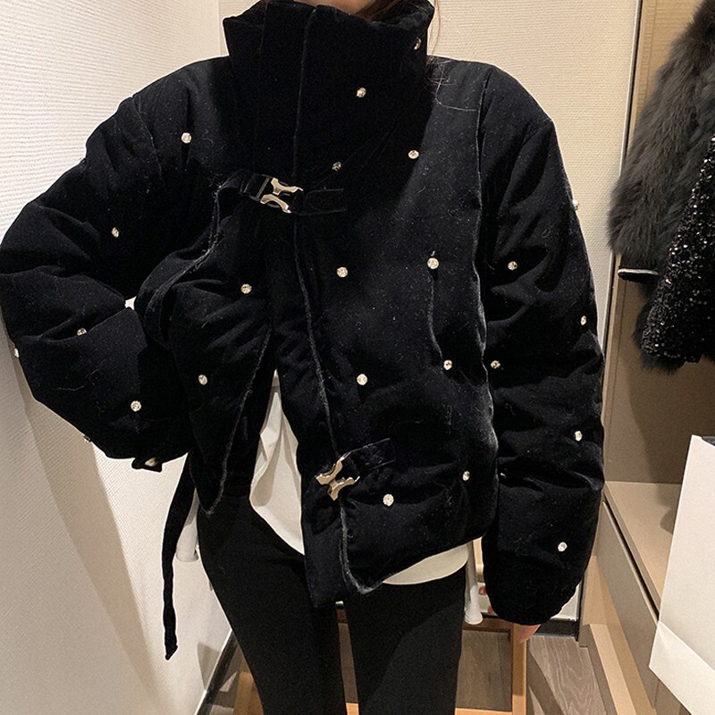 W Huahua Home Black Velvet White Duck down Jacket for Women, Heavy-Duty Studded Stand Collar Short down Puffer Jacket Alice