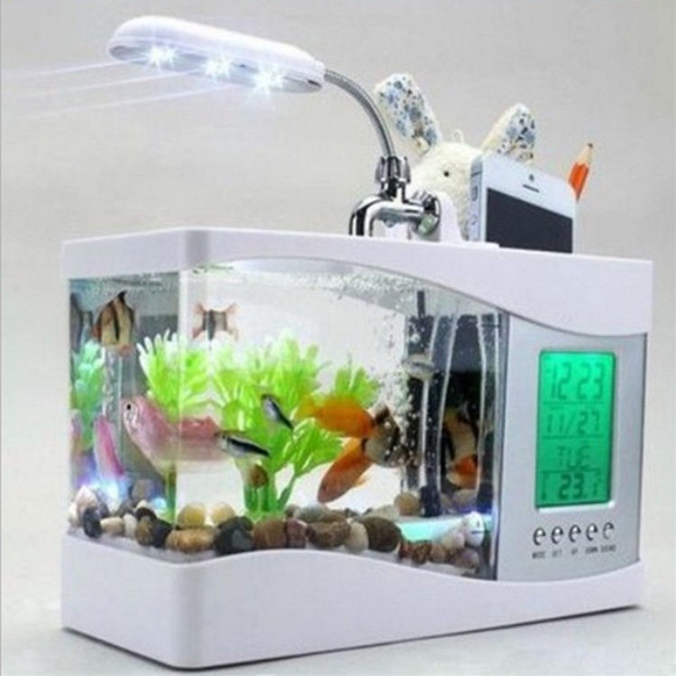 USB mini square fish tank Multi-function perpetual calendar desktop small ornaments LED light aquarium household transparent glass