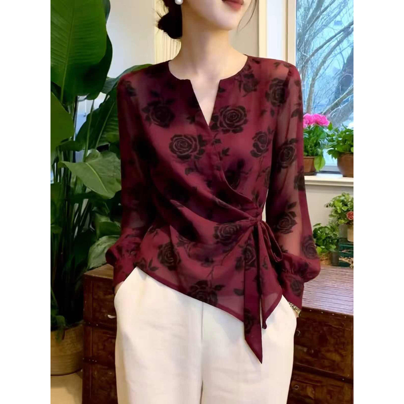 Autumn Floral Pattern Retro Red V Neck Lace-Up Waist-Cinching Printed Shirt Women's Long-Sleeved High-End Fashion Top