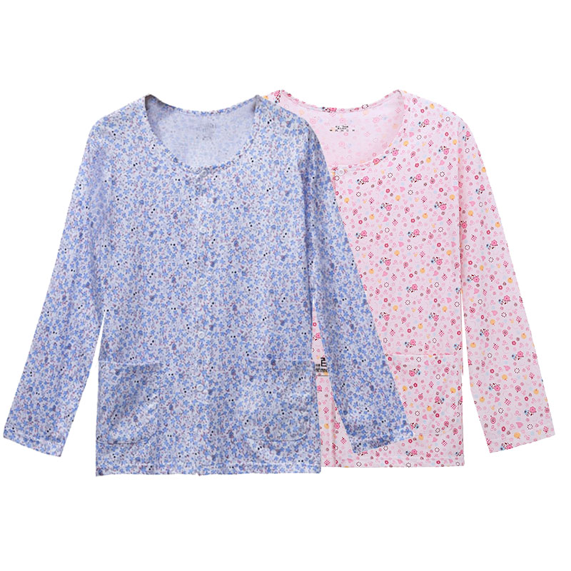 Cotton women's thin long-sleeved cardigan sanitary clothing buckle single-piece top Cotton home living clothes pajamas large size