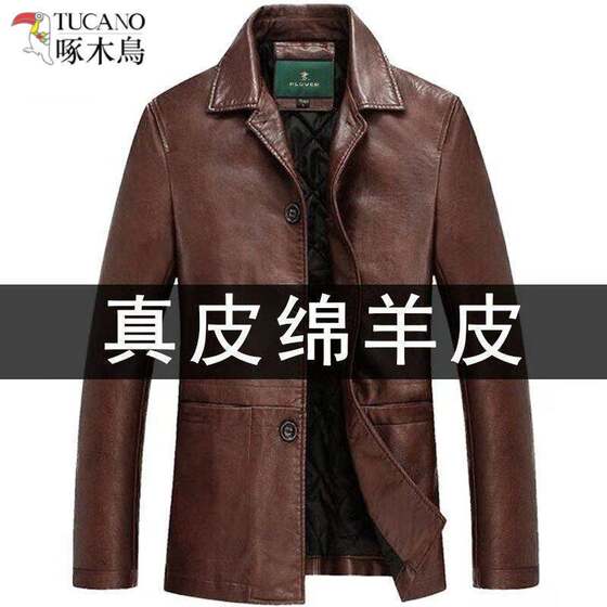 海宁啄木鸟秋冬装绵羊皮男士皮衣中青年加厚真皮夹克休闲加棉外套