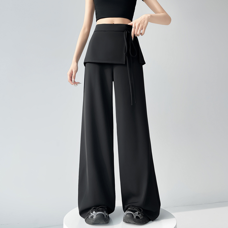 Black Faux Two-Piece Tie-Back Pants for Women, Summer 2026 New Style, High-End Drapey Casual Suit Wide-Leg Pants