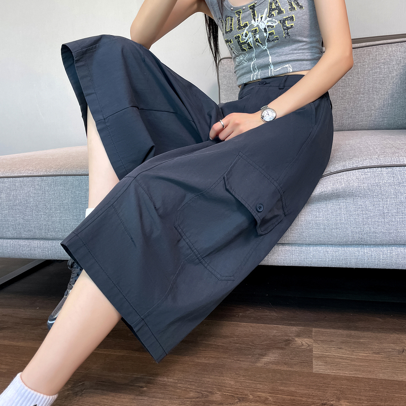 Navy Blue Cropped Work Pants for Women, 2026 New Summer Style, High-Waisted Loose Straight-Leg Casual Pants for Petite Figures