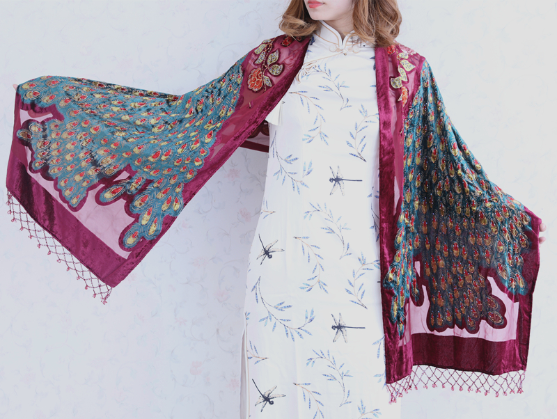 Cheongsam Companion Party Hand Beaded Gorgeous Peacock Shawl Velvet Scarf Scarf