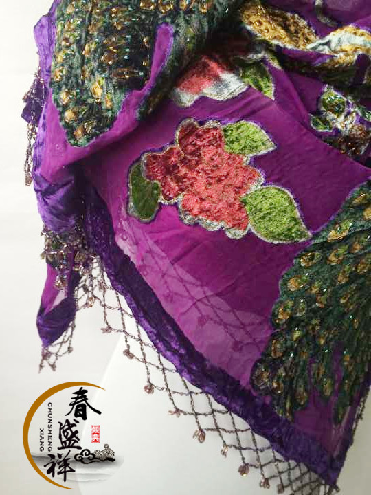Exquisite handmade beaded peacock shawl beads tassel velvet square scarf bright purple evening dress matching