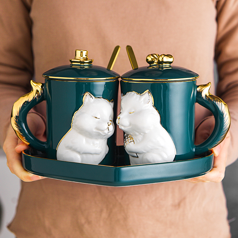Creative office keller cup with cover teaspoons of ceramic coffee cup couples on the birthday gift cup character