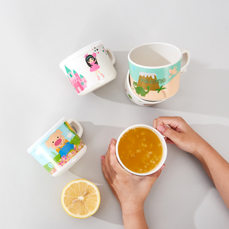 Papa Bear Bamboo Fiber Children's Water Cup With Handle Breakfast Home Cartoon Baby Drink Milk Cup With Lid Straight Drinking Cup