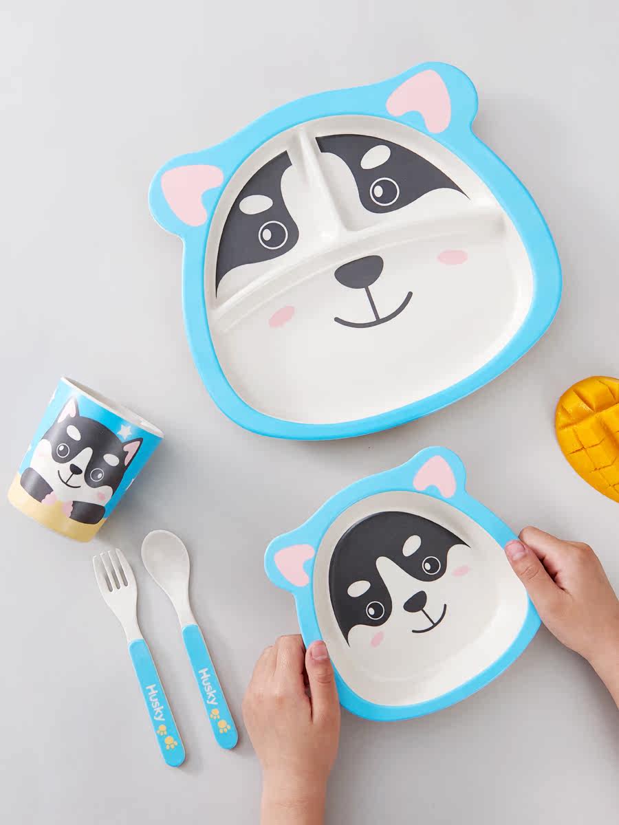 Papa Bear bamboo fiber tableware set combination Husky Cartoon children's three-grid plate Child baby eating bowl