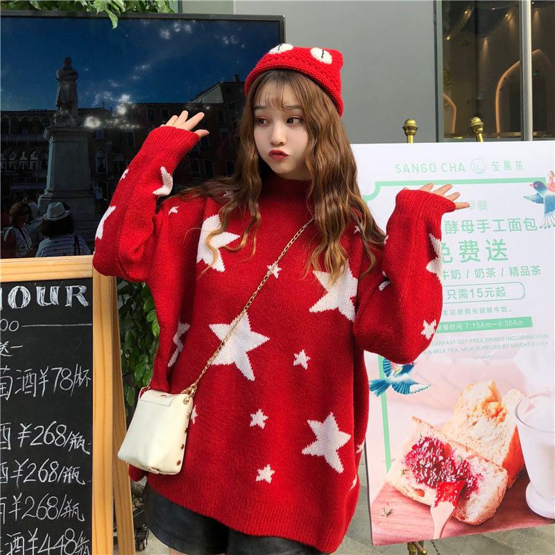 VK旗艦店 韓國風時尚五角星寬鬆休閒毛衣長袖上衣