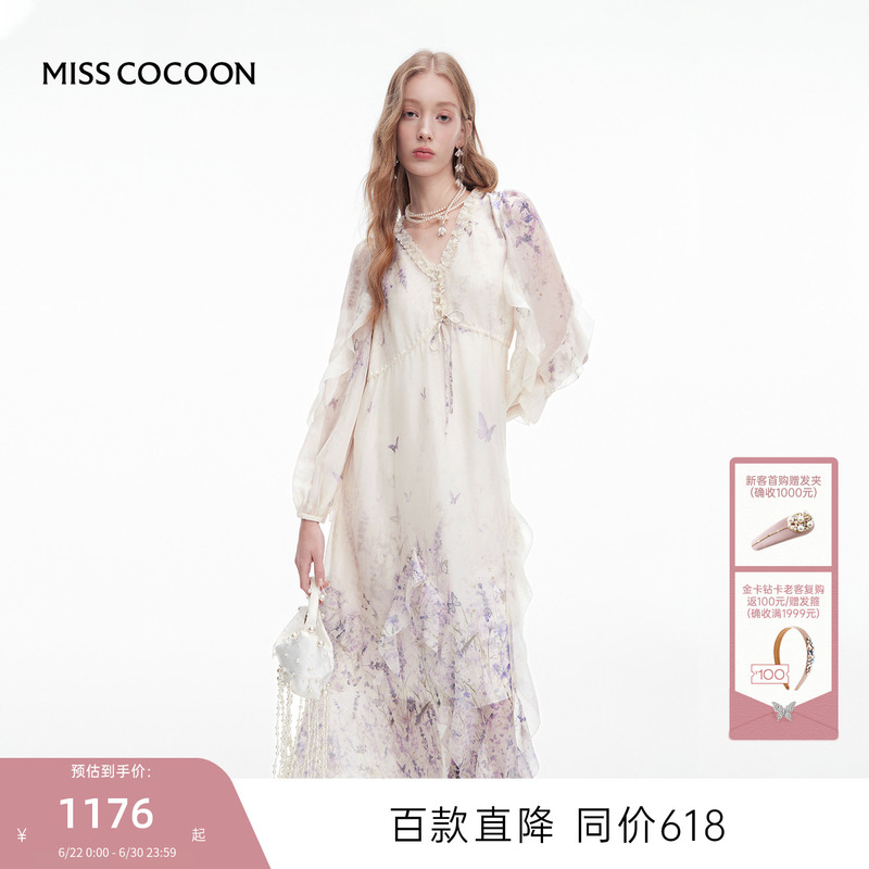 Misscocoon Long-Sleeved Printed Dress 2025 Summer New Style Ruffled Loose V Neck Dress