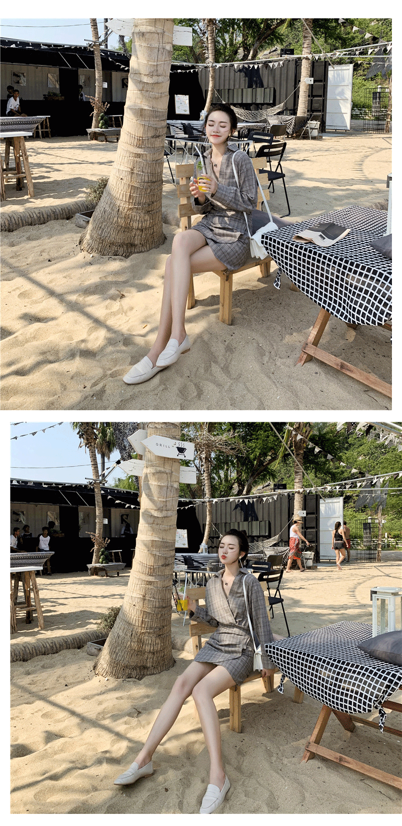 VK旗艦店 韓系復古V領格紋假兩件不規則襯衫長袖洋裝