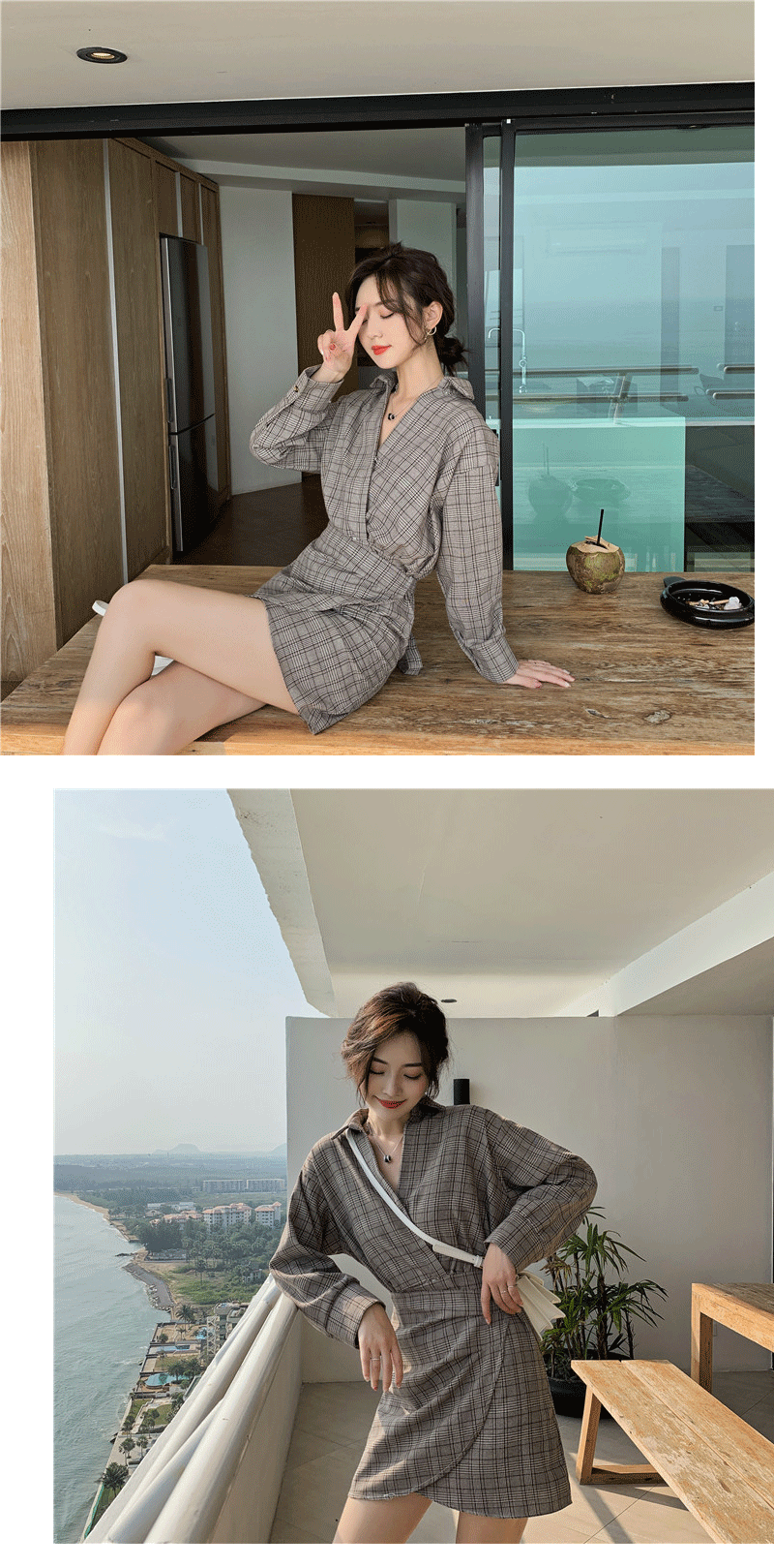 VK旗艦店 韓系復古V領格紋假兩件不規則襯衫長袖洋裝