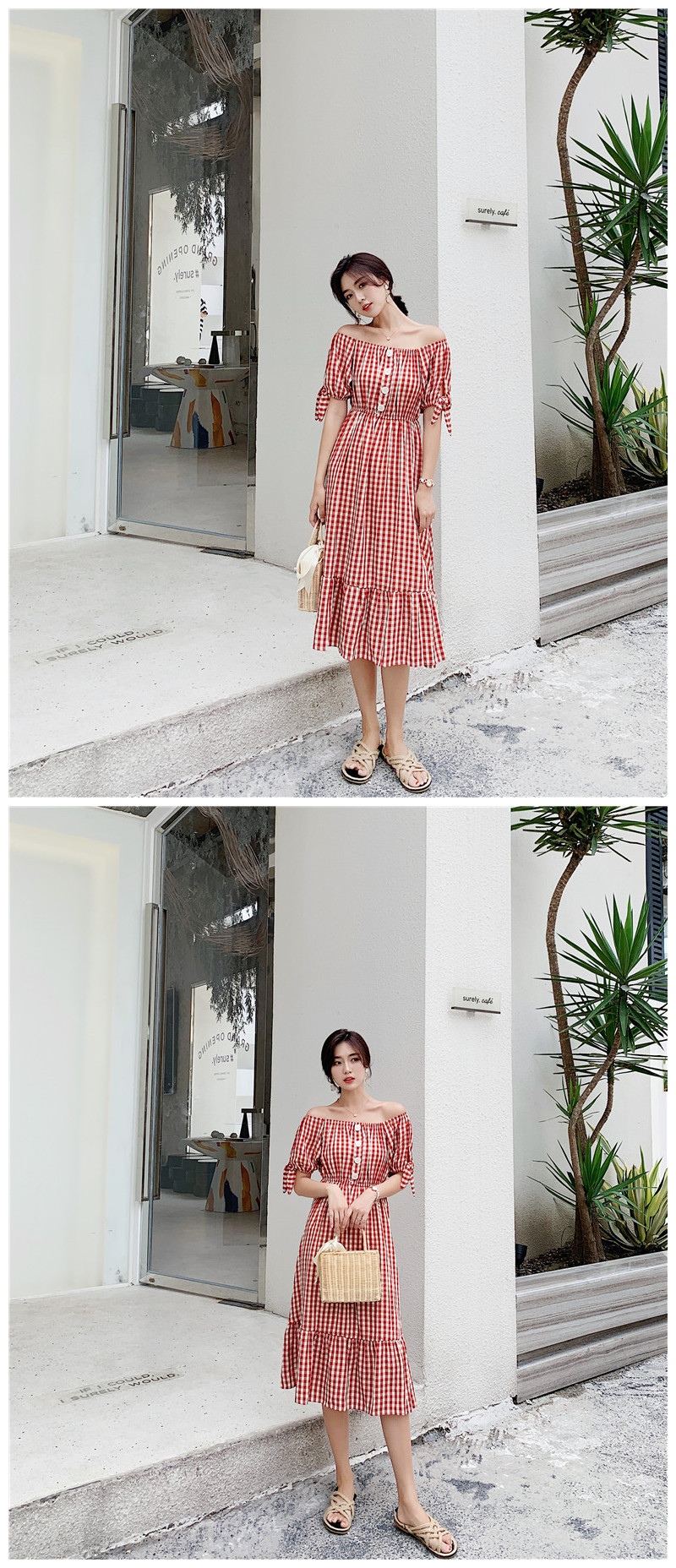 VK旗艦店 韓系格紋一字領紐扣泡泡袖荷葉擺短袖洋裝