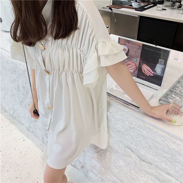 VK旗艦店 韓國風名媛花邊袖立領褶皺寬鬆短袖洋裝
