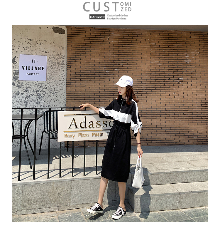 VK旗艦店 韓系拉鏈系帶撞色拼接寬鬆運動風長袖洋裝