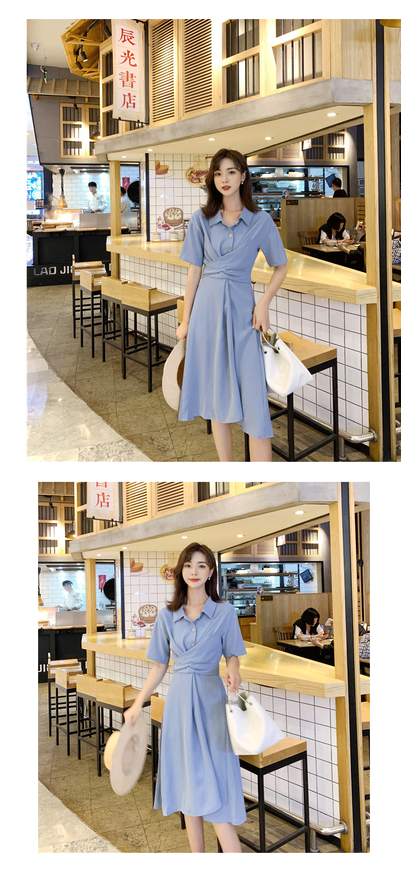 VK旗艦店 韓國風復古淑女純色顯瘦收腰系帶短袖洋裝