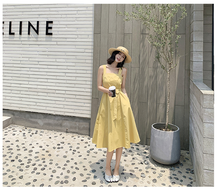 VK旗艦店 韓系氣質露肩收腰蝴蝶結細肩帶無袖洋裝