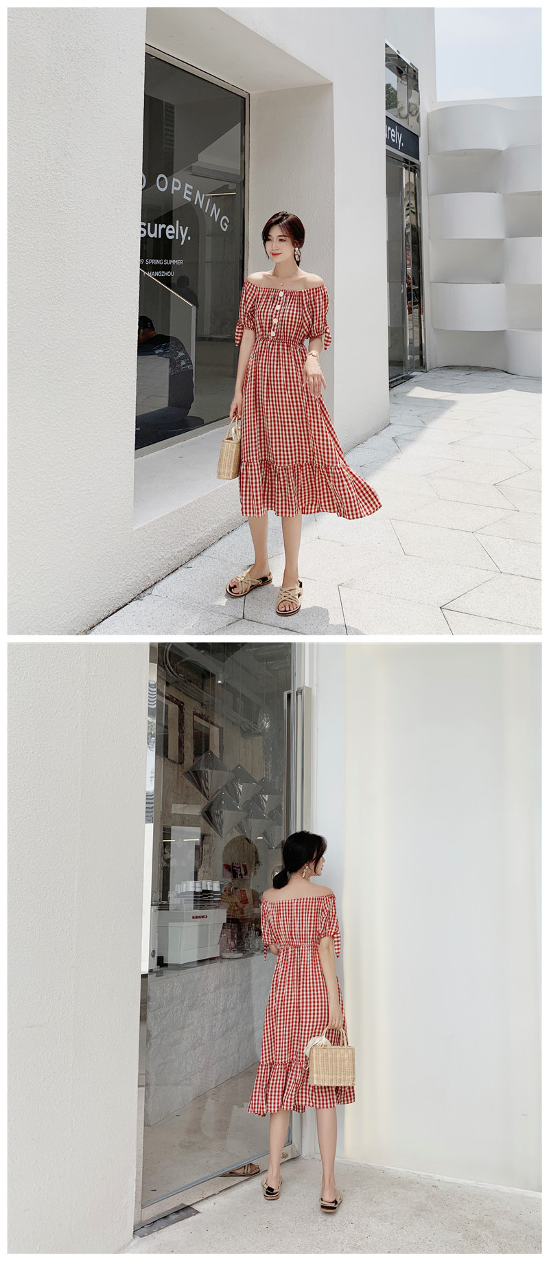 VK旗艦店 韓系格紋一字領紐扣泡泡袖荷葉擺短袖洋裝