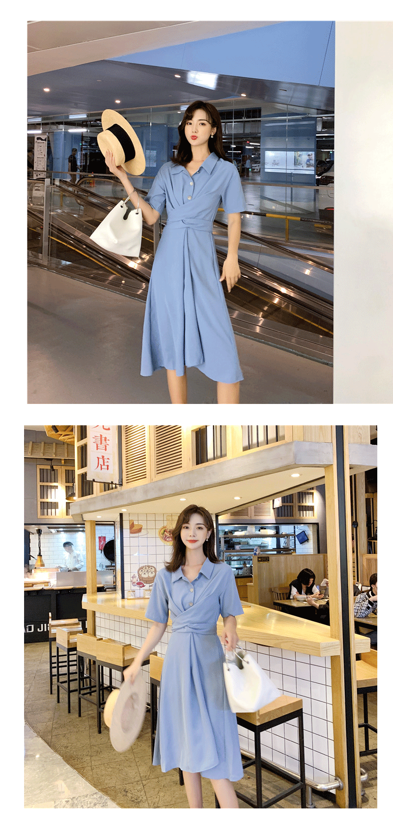 VK旗艦店 韓國風復古淑女純色顯瘦收腰系帶短袖洋裝