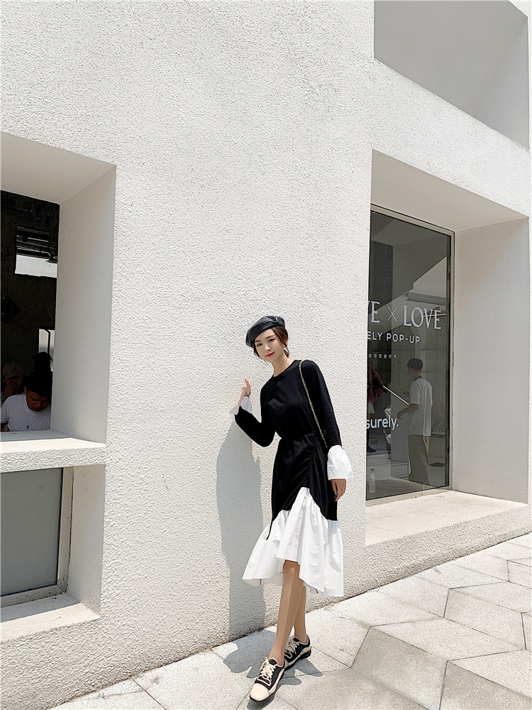 VK旗艦店 韓系氣質拼接撞色不規則抽褶系帶長袖洋裝