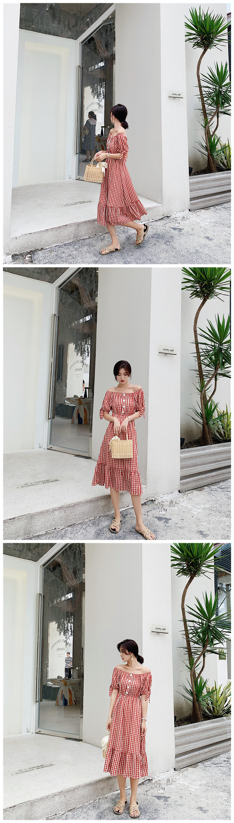 VK旗艦店 韓系格紋一字領紐扣泡泡袖荷葉擺短袖洋裝