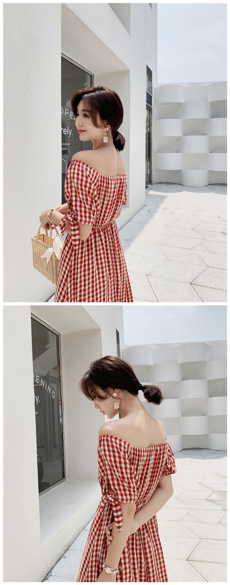VK旗艦店 韓系格紋一字領紐扣泡泡袖荷葉擺短袖洋裝