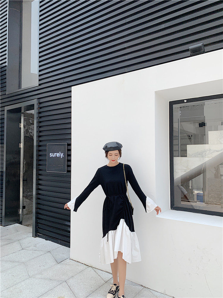 VK旗艦店 韓系氣質拼接撞色不規則抽褶系帶長袖洋裝