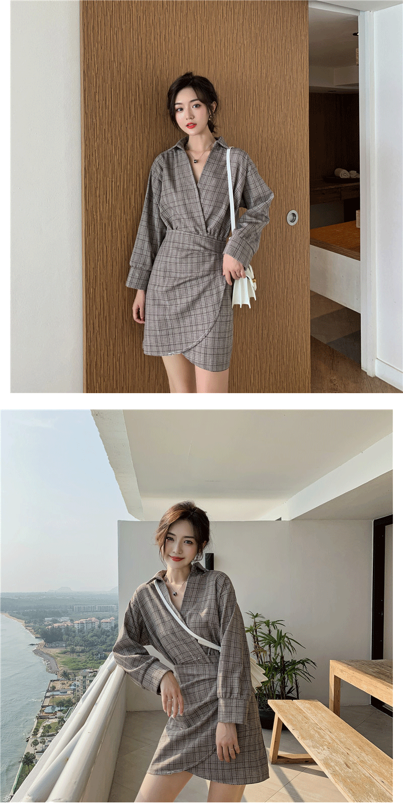 VK旗艦店 韓系復古V領格紋假兩件不規則襯衫長袖洋裝