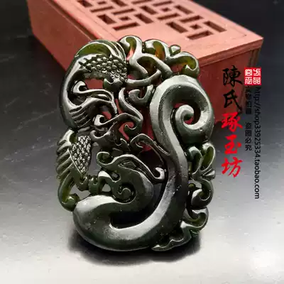 Dark green jade dragon and phoenix jade pendant Neck pendant Phoenix Qiuhuang jade pendant Men and women pendant Jade brand double-sided hollow jade pendant