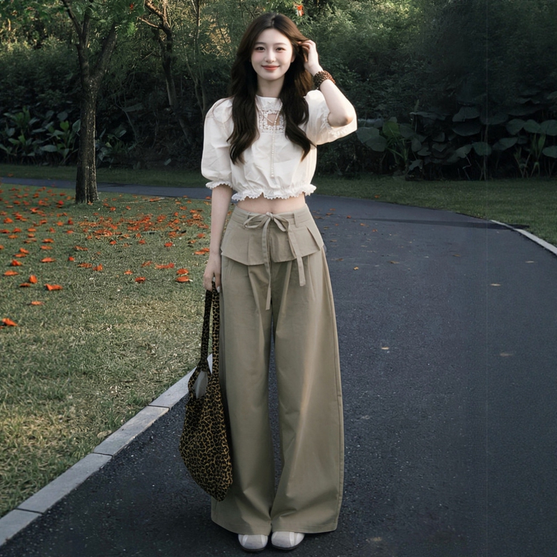 Korean-Style Design Casual Sports Suit for Women, Summer Short Lace Short-Sleeve Shirt with a Hem Cover-Up and Wide-Leg Pants Two-Piece Set