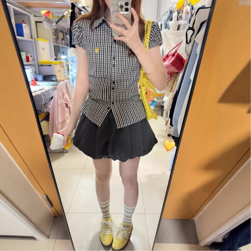 jennie风休闲运动套装女夏季复古格子收腰短袖衬衫花苞短裙两件套-淘宝